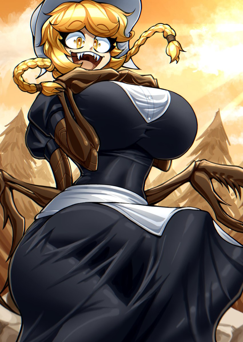 4_arms big_breasts black_clothing blonde_hair bottomwear braided_hair breasts brown_body brown_exoskeleton clothing dress evergreen_tree exoskeleton eyebrow_through_hair eyebrows fangs female furgonomic_topwear furgonomics hair hat headgear headwear huge_breasts long_hair long_skirt multi_arm multi_leg multi_limb multiple_pupils not_furry open_mouth open_smile outside pigtails pincers pine_tree plant rock sitting skirt smile solo sunset teeth translucent translucent_hair tree yellow_eyes zzzhadozzz cliffside_(series) cordie_(cliffside) animal_humanoid arachnid arachnid_humanoid arthropod arthropod_humanoid humanoid monster monstrous_humanoid 2023 absurd_res hi_res portrait shaded three-quarter_portrait