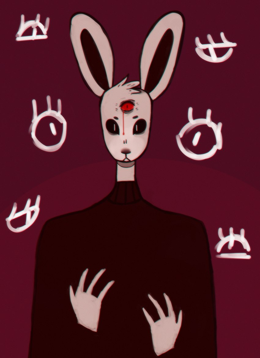 3_eyes 4_fingers anthro biped black_sclera blood blood_drip blood_on_face bodily_fluids circle_eyebrows clothed clothing dripping eyebrows eyes_everywhere female fingers frown fur head_tuft long_ears multi_eye pupils red_eyes shirt solo topwear tuft white_body white_fur white_pupils nepurrrrta ruby_quest ruby_(rq) lagomorph leporid mammal rabbit 2018 hi_res