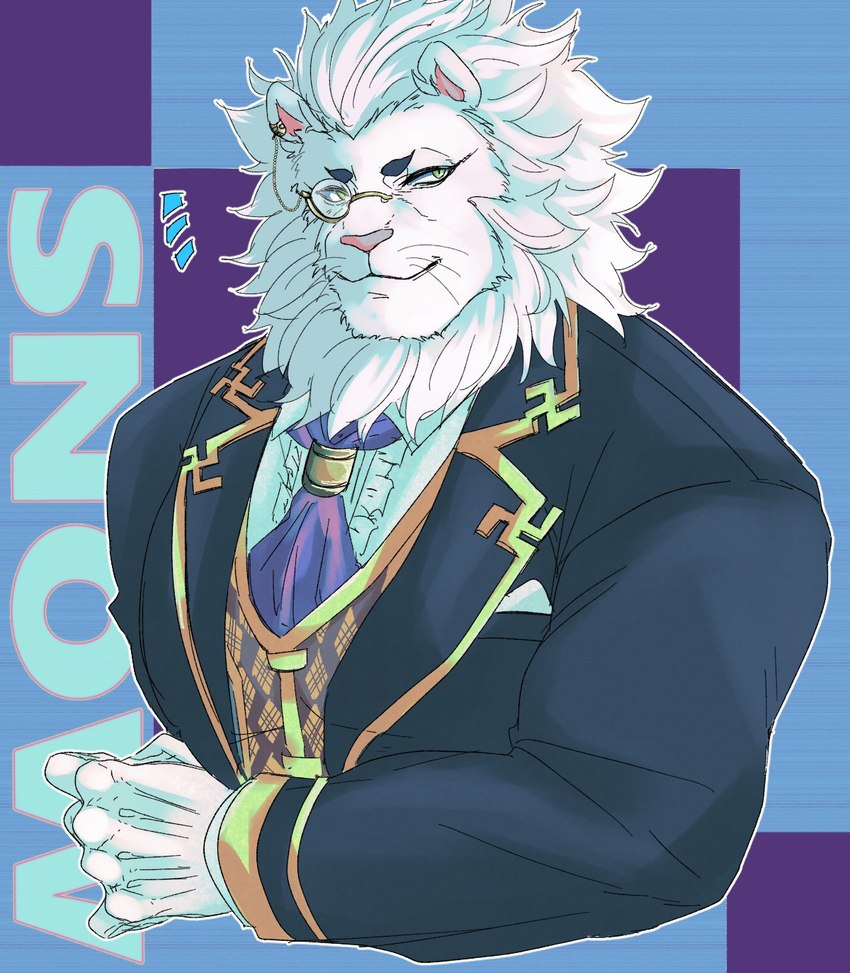 anthro butler clothing eyewear fur gloves handwear male mane monocle muscular muscular_anthro muscular_male pecs solo white_body white_fur izm_rm7 lifewonders tokyo_afterschool_summoners snow_(tas) felid lion mammal pantherine half-length_portrait hi_res portrait