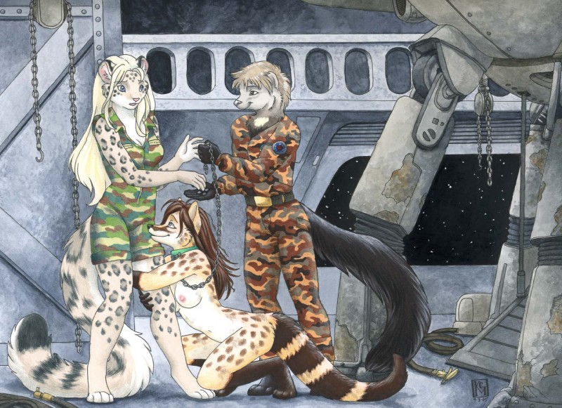 anthro blue_eyes breasts casual_nudity clothed clothing collar female fur group leash leopard_spots long_tail male markings military navel nipples nude slave space spots spotted_body spotted_fur tail uniform kacey moldred selmar_(moldred) asian_palm_civet civet felid gulonine leopard mammal mustelid musteline palm_civet pantherine tayra viverrid 2005 hi_res