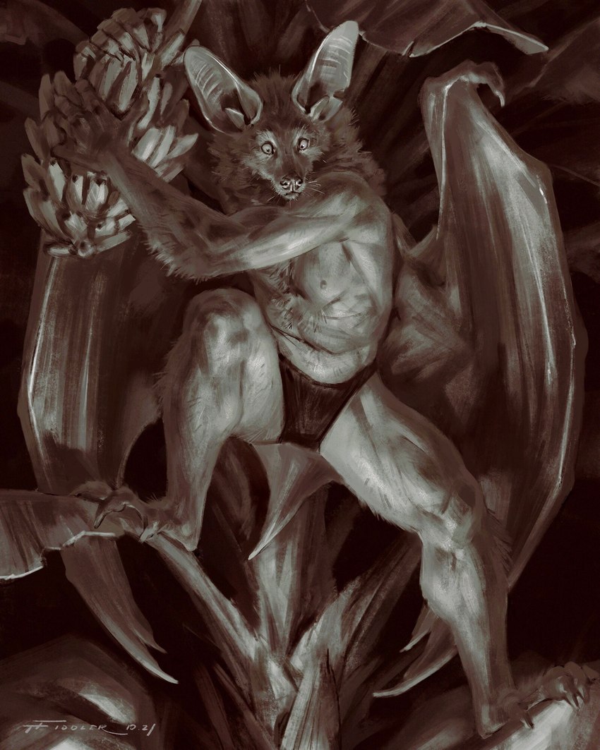 5_fingers anthro athletic athletic_anthro athletic_male banana claws clothed clothing fingers food fruit fur humanoid_hands male membrane_(anatomy) membranous_wings nipples plant solo underwear underwear_only wings taran_fiddler weretober bat mammal megabat werebat werecreature 2021 4:5 hi_res signature