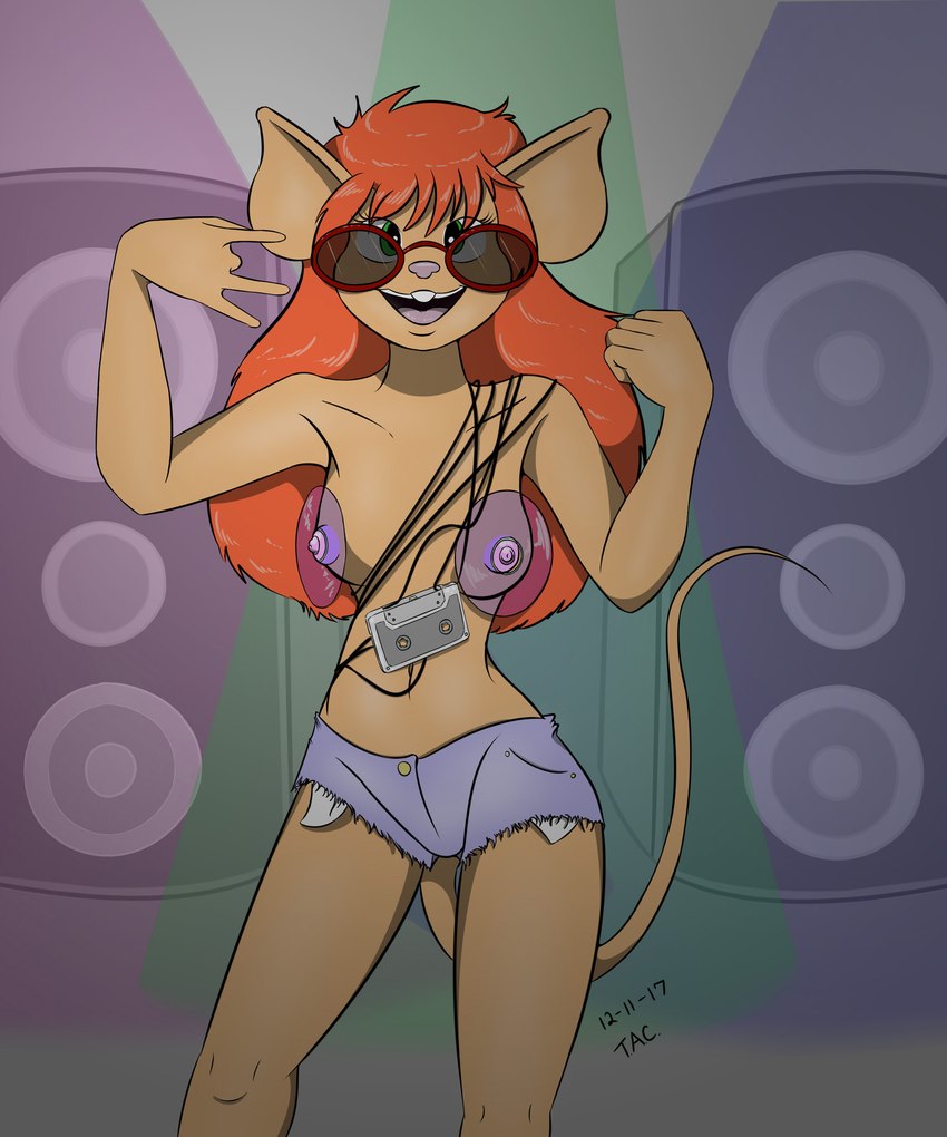 anthro bottomwear breasts buckteeth cassette_tape clothed clothing cutoffs denim denim_bottomwear denim_clothing eyewear female fur green_eyes hair nipples open_mouth orange_hair pink_nipples pink_nose shorts small_breasts solo sunglasses tail tan_body tan_fur teeth topless sailoranna mary_(sailoranna) mammal mouse murid murine rodent 2017 hi_res