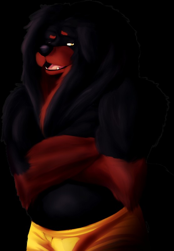 anthro barazoku belly biped black_body black_fur bottomwear bulge clothed clothing crossed_arms fluffy fur looking_at_viewer male mane markings musclegut muscular muscular_anthro muscular_male open_mouth red_body red_fur red_markings shorts slightly_chubby solo standing teeth tongue topless yellow_eyes noiz bankhar canid canine canis domestic_dog livestock_guardian_dog mammal pastoral_dog 2015 alpha_channel hi_res