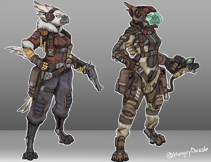 anthro armor beak clothed clothing cybernetic_leg cybernetic_limb cybernetics digitigrade_footwear electronics female fingerless_gloves footwear forearms furgonomic_footwear furgonomics gloves gun handgun handwear headgear headphones helmet machine ranged_weapon revolver scaled_forearms scales simple_background solo spacesuit standing weapon welding_tool welding_torch hungrydazzle avian cyborg 2022