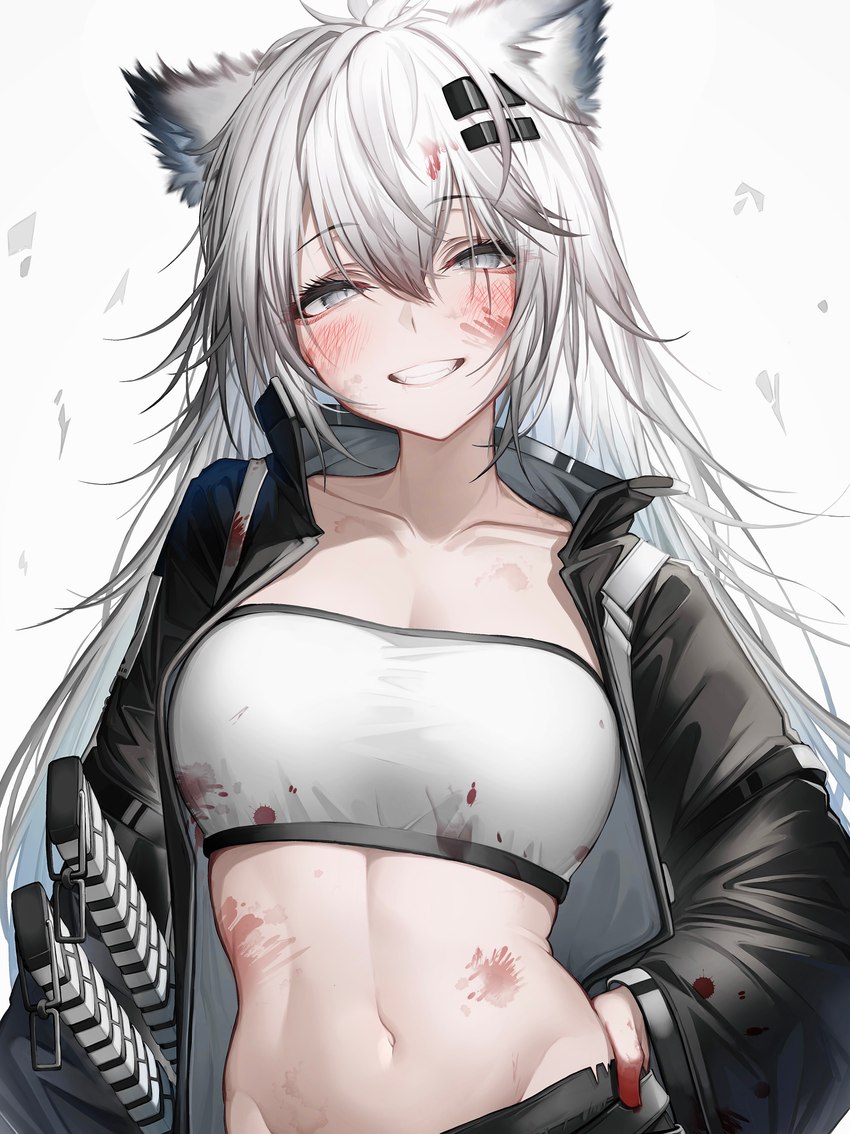 accessory bandeau blood blush bodily_fluids breasts clothing fangs female grey_eyes grey_hair grin hair hair_accessory jacket looking_at_viewer melee_weapon midriff navel smile solo sword teeth topwear weapon tabhead arknights hypergryph studio_montagne lappland_(arknights) animal_humanoid canid canid_humanoid canine canine_humanoid humanoid mammal mammal_humanoid 2024 absurd_res hi_res