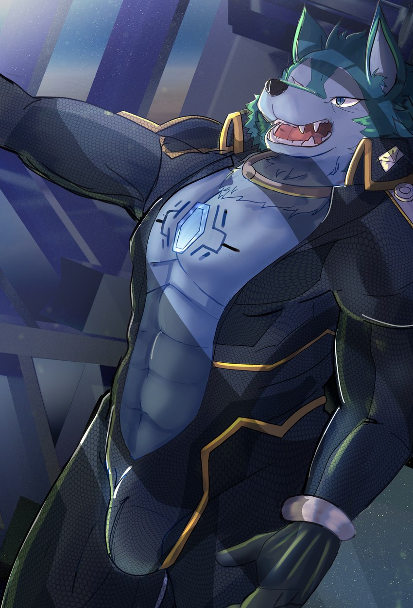 abs anthro clothing fur machine male muscular muscular_anthro muscular_male pecs solo teeth tight_clothing martuguma lifewonders tokyo_afterschool_summoners breke_(tas) android canid canine canis mammal robot wolf absurd_res hi_res