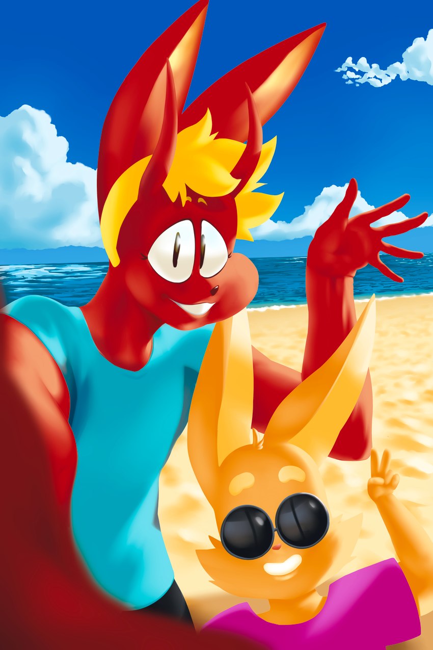 anthro beach camera camera_view clothing cloud duo eyewear female gesture hand_gesture holding_camera holding_object horn light long_ears looking_at_viewer male oversized_clothing reaching_towards_viewer reflection sea seaside selfie short_stack size_difference smile sunglasses sunlight swimwear v_sign water waving hocolatemilk oscar_(snivybatt) zoe_(hocolatemilk) canid canine demon felid fennec_fox fox mammal true_fox 2:3 absurd_res hi_res