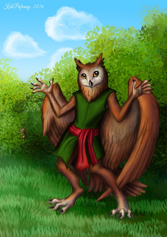 anthro detailed_background nature outside plant shrub solo tree wood kekpafrany avian bird lagomorph leporid mammal owl rabbit 2016 digital_media_(artwork) hi_res