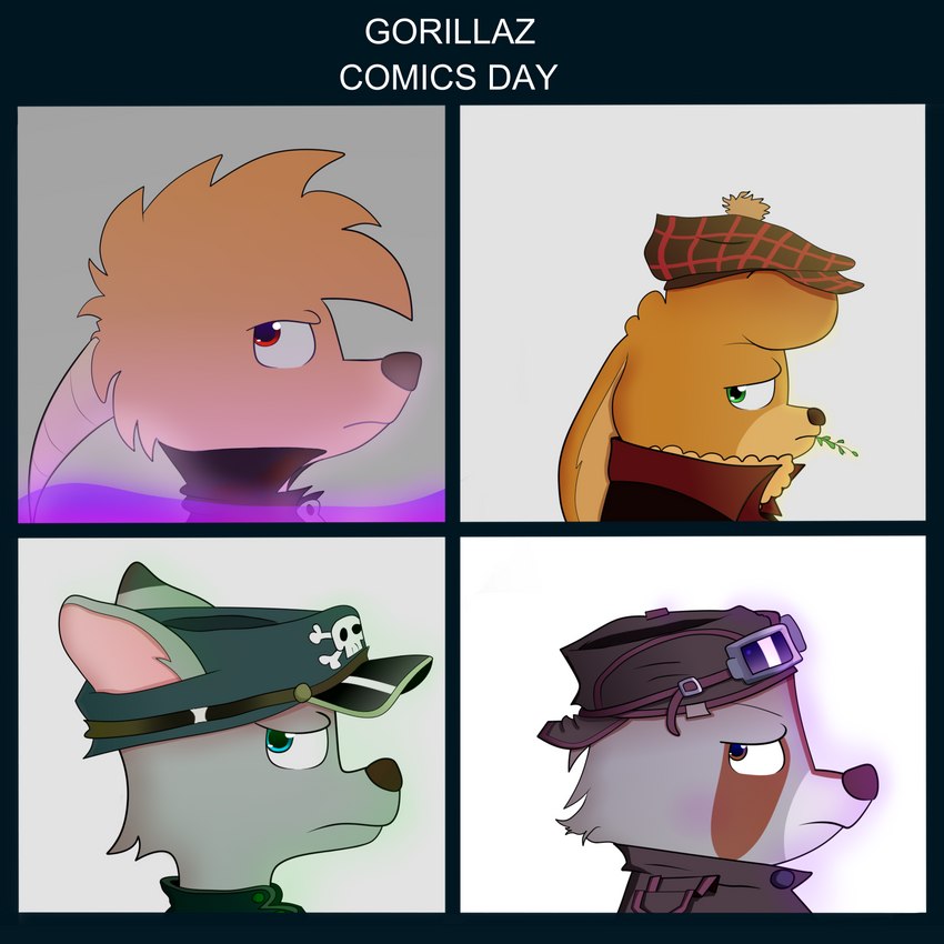 angry anthro beret berry_(racoon) blue_eyes bone brown_body brown_clothing brown_eyes brown_fur brown_nose brown_suit clothing cosplay fur green_clothing green_eyes green_suit grey_body grey_fur group hat headgear headwear horn itka long_ears looking_back magic male perro_del_tiempo red_clothing red_eyes red_suit skull suit suits jowogenfl demon_days gorillaz mythology bruni alebrije canid canine canis dragon lagomorph leporid mammal mythological_creature mythological_scalie procyonid rabbit raccoon scalie wolf 1:1 hi_res