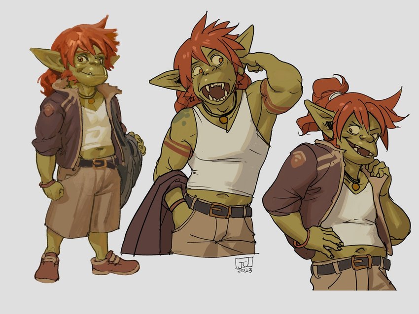 belt bottomwear clothing footwear green_body hair humanoid_pointy_ears jacket long_hair male navel pants pointy_ears red_hair shirt shoes solo tank_top topwear jerome_jacinto raka_(jerome_jacinto) goblin humanoid