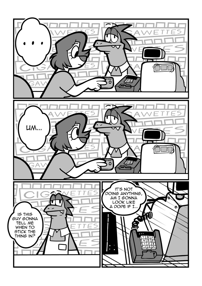 anthro card cash_register duo ellipsis female male store text galactabee nikki_(galactabee) canid canine canis domestic_dog lizard mammal reptile scalie 2021 absurd_res comic english_text hi_res monochrome