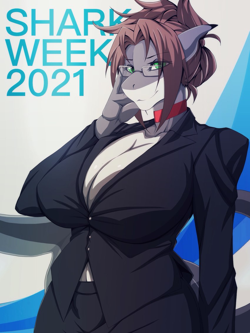 anthro big_breasts breasts brown_hair cleavage clothed clothing eyewear female glasses green_eyes hair non-mammal_breasts solo text q_wed fish marine shark absurd_res english_text hi_res