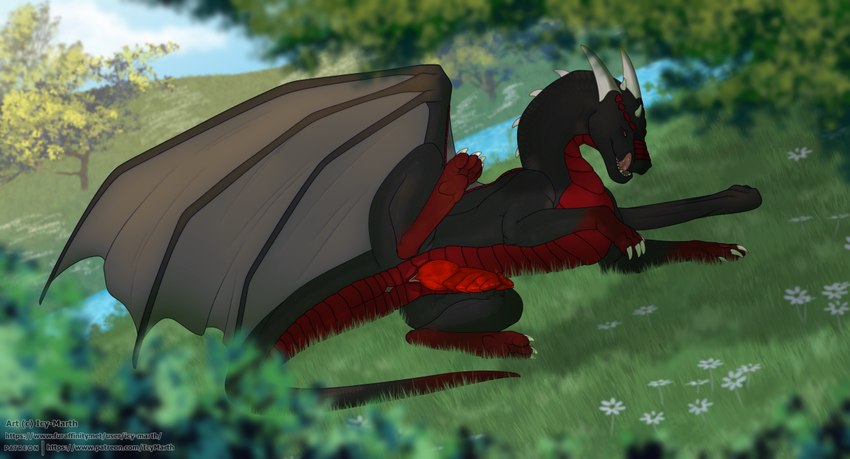 anus black_body black_scales feral genitals knot male penis pose raised_tail red_body red_eyes red_scales scales solo tail tail_anus tailbutt thick_tail icy-marth mythology daedalus_vindryal dragon mythological_creature mythological_scalie scalie digital_media_(artwork) pinup