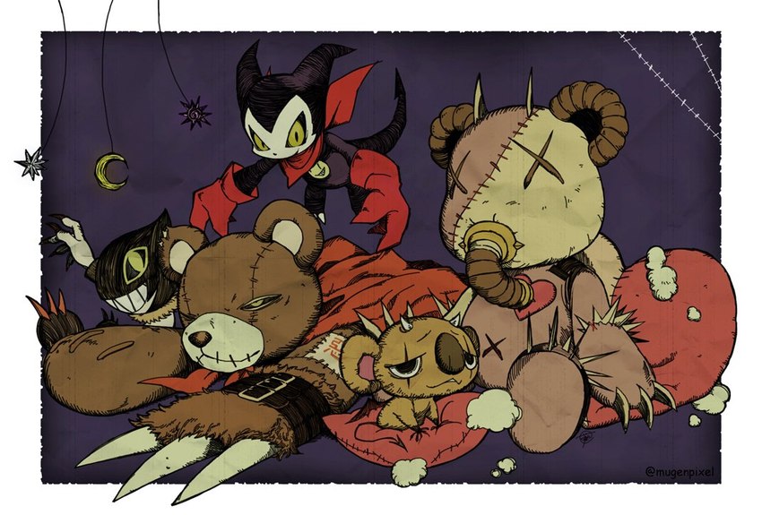 anthro cape claws clothing gloves green_eyes grin group handwear kerchief plushie red_clothing smile stitch_(sewing) teddy_bear mugenpixel bandai_namco digimon demon digimon_(species) dracmon humanoid imp impmon porcupamon warumonzaemon