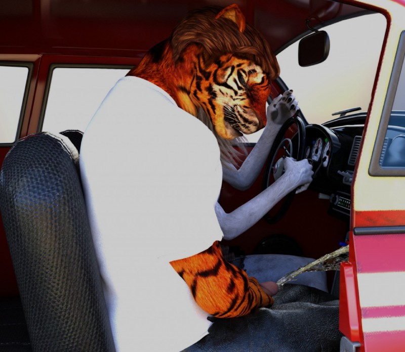 anthro bodily_fluids car clothed clothing duo genital_fluids inside_car inside_vehicle leather male omorashi peeing solo_focus steering_wheel urine vehicle saberjackal felid mammal pantherine tiger 3d_(artwork) digital_media_(artwork)