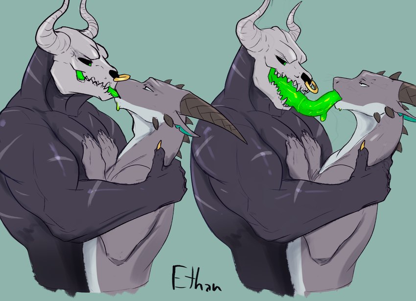 anthro deep_kiss deep_tongue duo french_kissing glowing glowing_tongue green_tongue kissing long_tongue looking_pleasured male male/male muscular muscular_male tongue ethan0 mythology asterius_(skull) bovid bovine cattle dragon mammal mythological_creature mythological_scalie scalie hi_res