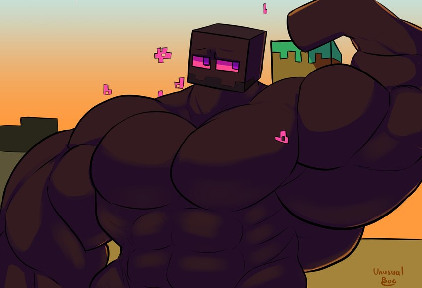 abs biceps big_biceps big_muscles big_pecs black_body blue_background gradient_background holding_object huge_muscles hyper hyper_muscles male muscular muscular_humanoid muscular_male not_furry orange_background particles pecs purple_eyes simple_background solo square_(anatomy) text unusualboo54 microsoft minecraft mojang xbox_game_studios enderman humanoid 2021 digital_drawing_(artwork) digital_media_(artwork) english_text hi_res shaded signature