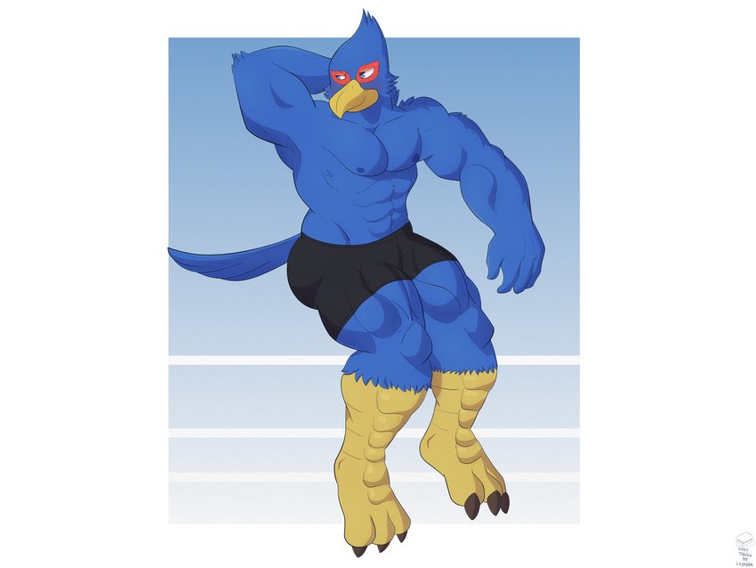 3_toes 4_fingers abs anthro black_clothing black_underwear blue_eyes boxer_briefs claws clothing feet fingers hands_behind_head looking_away male muscular muscular_male nipples smile solo talons toes underwear donttouchmylasagna nintendo star_fox falco_lombardi avian bird falcon falconid 2022 4:3 hi_res