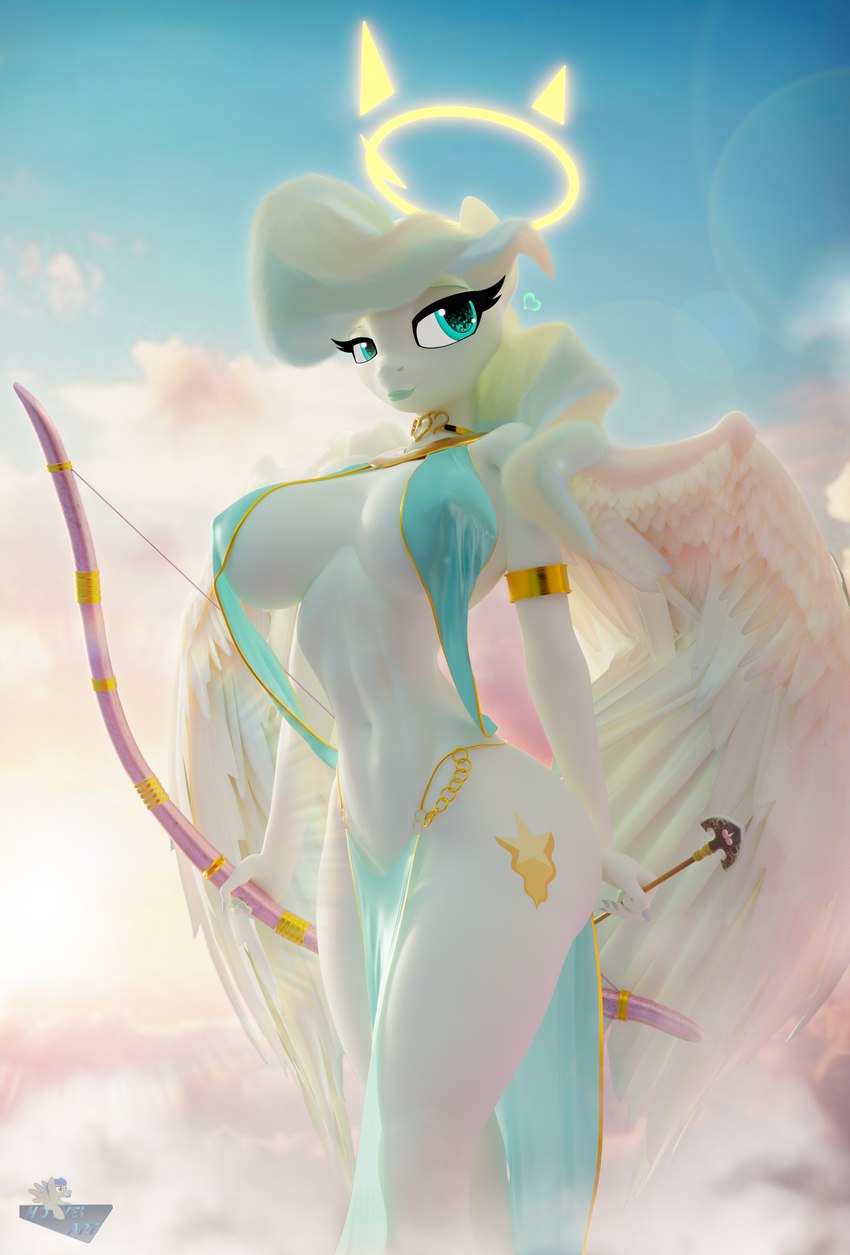 anthro anthrofied armband arrow_(weapon) big_breasts blue_eyes bottomwear bow_(weapon) breasts clothing colored_nails cutie_mark feathered_wings feathers female female_anthro hair halo heart_symbol holding_object holding_weapon lipstick loincloth looking_aside looking_away makeup multicolored_hair nails navel ranged_weapon sky slim sling_bra solo two_tone_hair weapon white_body wings hooves-art friendship_is_magic hasbro my_little_pony mythology vapor_trail_(mlp) angel equid equine horse mammal mythological_creature mythological_equine pegasus pony 3d_(artwork) absurd_res blender_(artwork) digital_media_(artwork) hi_res