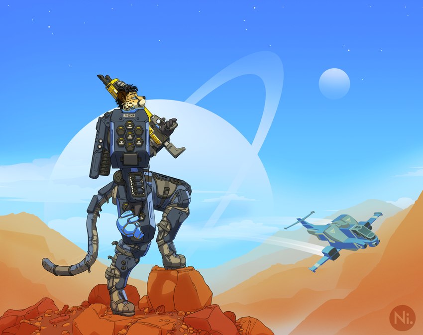 aircraft animal_ears anthro armor armored_tail blue_eyes gun headgear helmet holding_gun holding_object holding_ranged_weapon holding_weapon logo male outside planet ranged_weapon solo standing vehicle weapon naty planetside cheetah felid feline mammal hi_res watermark