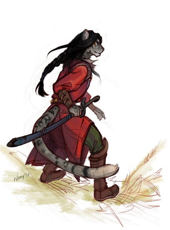 ambiguous_gender anthro black_hair boots braided_hair clothing footwear grass hair long_coat melee_weapon plant plantigrade sabre_(weapon) shoes solo surprise sword weapon yellow_eyes wooy felid mammal pantherine snow_leopard hi_res