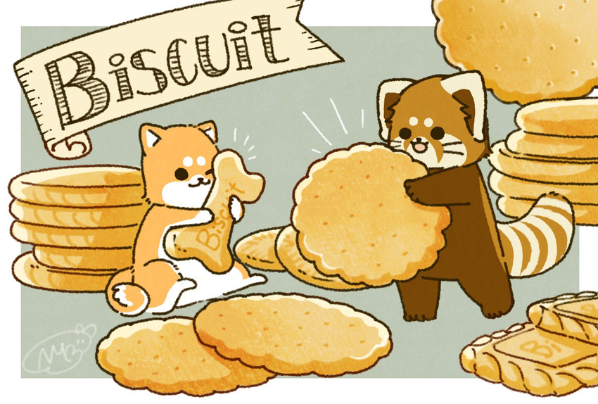 biped biscuit_(food) bread brown_body brown_fur chibi dot_eyes duo feral food fur micro sitting shi_nominmin ailurid canid canine canis domestic_dog mammal red_panda 2021 hi_res