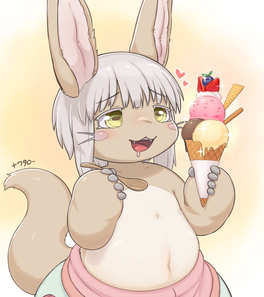 ambiguous_gender anthro belly blush bodily_fluids bottomwear brown_body brown_fur clothed clothing cutlery dessert drooling fangs food fur grey_hair hair half-closed_eyes happy heart_symbol holding_object holding_spoon horizontal_pupils ice_cream kemono kitchen_utensils looking_at_food looking_at_object multicolored_body multicolored_fur narrowed_eyes navel open_mouth open_smile overweight overweight_ambiguous overweight_anthro pupils saliva simple_background smile solo spoon tail tan_body tan_fur teeth tongue tools topless two_tone_body two_tone_fur weight_gain whiskers wide_hips wooden_spoon yellow_eyes young young_anthro nawa made_in_abyss nanachi lagomorph mammal narehate 2023 half-length_portrait hi_res portrait signature