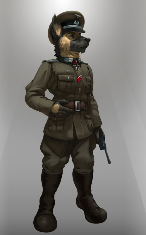 anthro belt black_nose blue_eyes boots clothing combat_boots cross eyebrows footwear fur grey_background gun handgun hat headgear headwear iron_cross male mauser_c96 military military_cap military_uniform nazi officer pistol ranged_weapon shoes simple_background soldier solo standing uniform warrior weapon world_war_2 thepimpartist wehrmacht hauptmann_meade canid canine canis domestic_dog german_shepherd herding_dog mammal pastoral_dog 2018 absurd_res digital_media_(artwork) hi_res