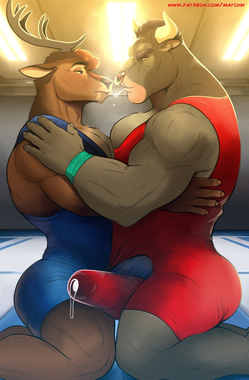 anthro anthro_on_anthro antlers barazoku biceps big_bulge big_muscles bodily_fluids bulge bulge_frottage clothed clothed_sex clothing deltoids duo erection erection_under_clothing eye_contact eyebrows facial_piercing fur genital_fluids grinding hair horn hug huge_muscles inside kissing kneeling looking_at_another male male/male manly muscular muscular_anthro muscular_male nails narrowed_eyes nose_piercing nose_ring pecs piercing precum precum_through_clothing ring_piercing saliva saliva_string sex side_view tenting text thick_thighs tuft wet wet_clothing wrestling_singlet wristband maychin bovid bovine cattle deer mammal 2024 absurd_res hi_res url