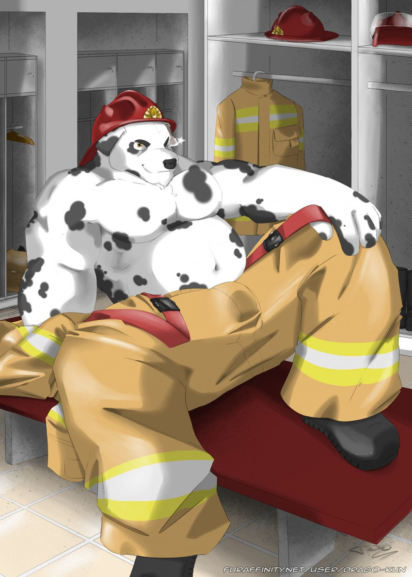 anthro armor bedroom_eyes bulge clothed clothing firefighter firefighter_helmet floppy_ears fur grey_body grey_ears grey_fur grey_spots headgear helmet male markings narrowed_eyes overweight overweight_anthro overweight_male seductive slightly_chubby slightly_chubby_male solo spots spotted_body spotted_fur topless topless_male turnout_gear white_body white_ears white_fur drago-kun canid canine canis dalmatian domestic_dog mammal hi_res story story_in_description