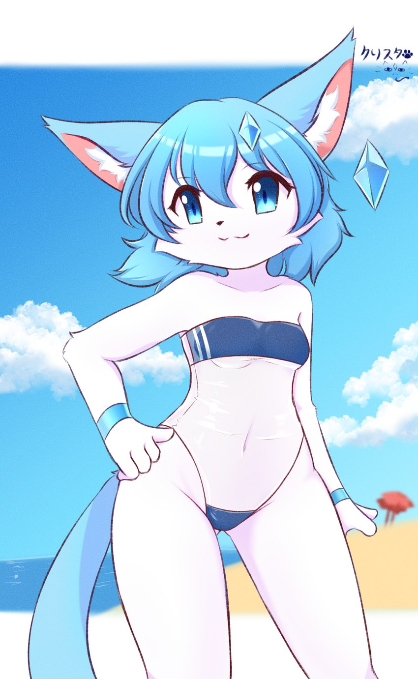 anthro beach blue_eyes blue_hair breasts clothed clothing cloud day eyelashes female female_anthro hair kemono navel one-piece_swimsuit outside sand sea seaside sky solo swimwear translucent translucent_clothing translucent_swimwear water white_body young young_anthro young_female kryztar gris_swimsuit meme_clothing felid feline felis mammal absurd_res digital_media_(artwork) hi_res meme shaded