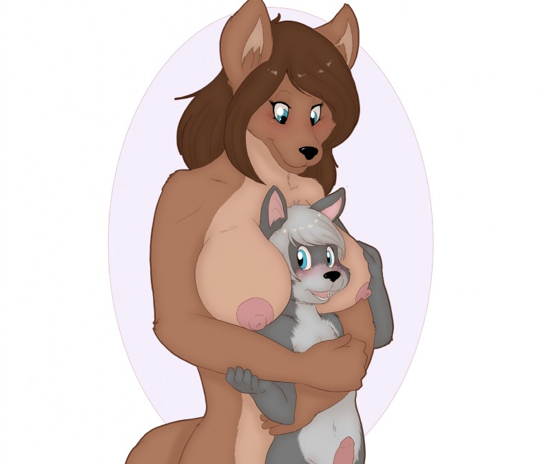 age_difference anthro areola between_breasts big_breasts blush breasts duo erection female fur genitals hair hug larger_female male male/female nipples nude older_female open_mouth penis simple_background size_difference smaller_male smile young young_anthro younger_male launny canid canine canis domestic_dog mammal wolf hi_res mother_(lore) mother_and_child_(lore) mother_and_son_(lore) parent_(lore) parent_and_child_(lore) parent_and_son_(lore) son_(lore)