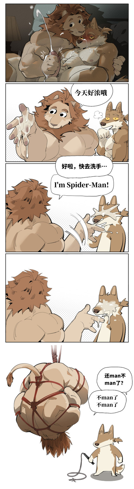 abs anthro anthro_on_anthro balls bdsm biped blush bodily_fluids bondage bound cum cum_on_eyes cum_on_face cum_on_hand cum_on_self cum_string cumshot dialogue ejaculation erection fingers fur genital_fluids genitals hair holding_object holding_whip humanoid_genitalia humanoid_penis humor lying male male/male muscular muscular_anthro muscular_male nude on_back on_side open_mouth orgasm orgasm_face pecs penis pillow restraints rope rope_bondage rope_harness simple_background speech_bubble spread_legs spreading standing suspension sweat sweatdrop tail text upside_down whip 1500jiangbao canid canine canis domestic_dog felid lion mammal pantherine absurd_res chinese_text comic digital_media_(artwork) hi_res one_page_comic translation_request