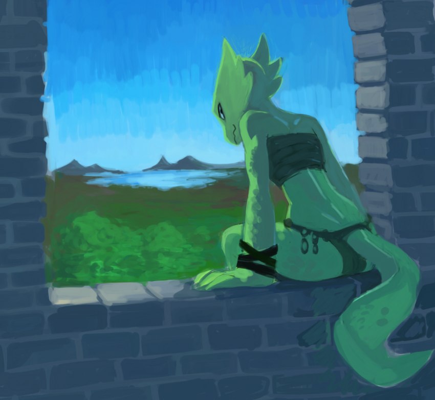 anthro arm_wraps biped bottomwear castle chest_wraps clothing female furgonomics green_body green_scales high_place lake loincloth looking_back low_wall mountain on_wall plant rear_view scales sitting sky smile smiling_at_viewer solo stone_wall valley wall_(structure) window wraps calmnivore conditional_dnp kobold scalie digital_media_(artwork) digital_painting_(artwork) portrait three-quarter_portrait