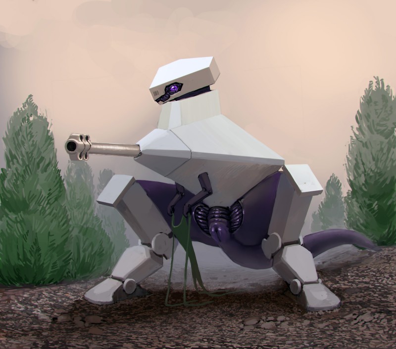 biped female genitals looking_at_viewer machine not_furry presenting presenting_pussy purple_body purple_eyes purple_skin pussy ranged_weapon solo spread_legs spreading turret weapon white_body meandraco robot 2019 digital_media_(artwork) hi_res