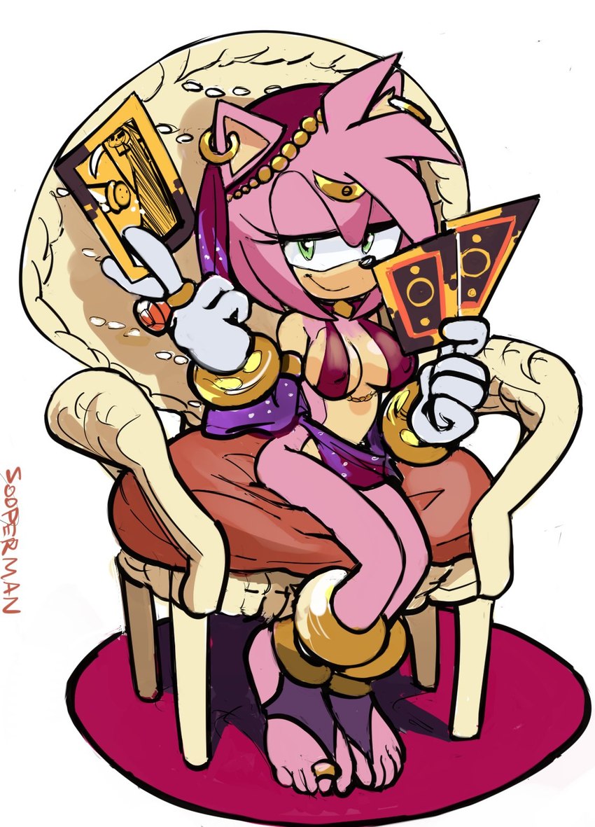 anthro breasts card chair clothing ear_piercing ear_ring feet female furniture half-closed_eyes jewelry midriff narrowed_eyes piercing ring_piercing simple_background sitting smile smiling_at_viewer solo thin_calves thin_legs thin_thighs toes sooperman sega sonic_the_hedgehog_(series) amy_rose eulipotyphlan hedgehog mammal hi_res signature