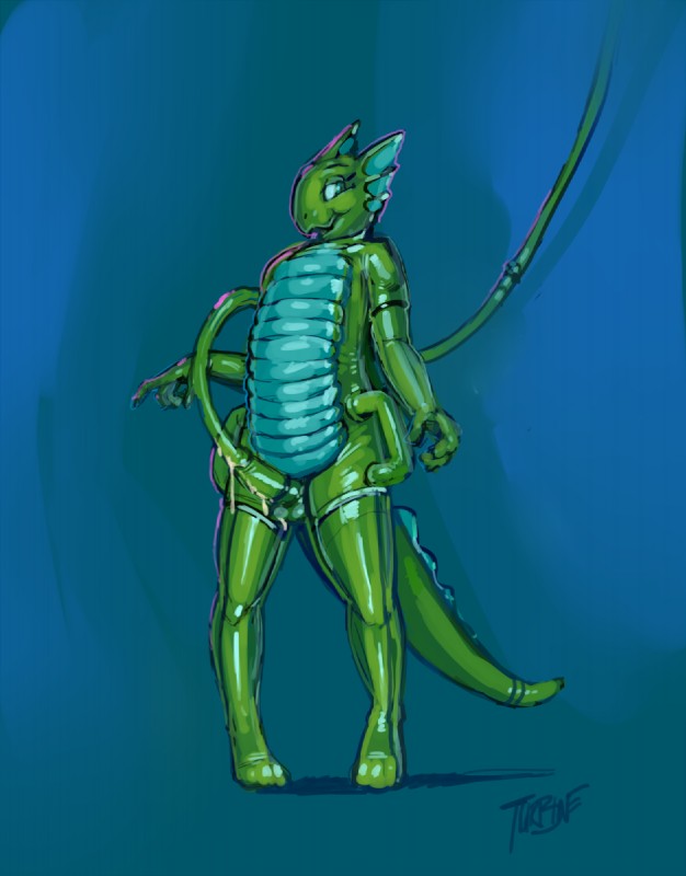 anthro blue_background bodily_fluids clothing cum erection fin genital_fluids genitals glistening green_body green_skin handle latex legwear male penile penis penis_milking pigeon_toed scales simple_background solo stockings toyification ventral_scales turbinedivinity milk_(character) amphibian newt salamander scalie hi_res