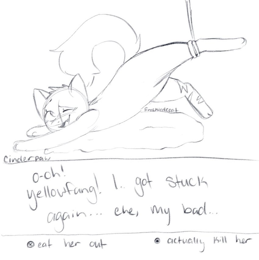 blush dialogue_box female feral fur leg_scar one_eye_closed options scar solo stuck tail text freckledcoat warriors_(book_series) cinderpelt_(warriors) domestic_cat felid feline felis mammal 2022 character_name english_text guide_lines handwritten_text monochrome sketch young_(lore)