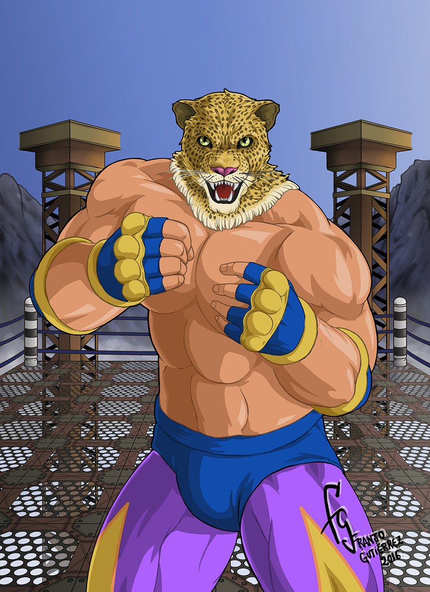 abs clothed clothing fingerless_gloves for_a_head fur gloves green_sclera handwear male muscular muscular_humanoid muscular_male solo spots topless topless_male wrestling_briefs yellow_body yellow_fur franjogutierrez tekken tekken_3 king_(tekken) animal_head animal_humanoid felid humanoid jaguar mammal pantherine hi_res signature