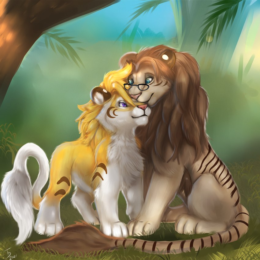 ambiguous_gender brown_body brown_fur duo eyewear feral fur glasses male mane stripes white_body white_fur yellow_body yellow_fur teh-evil-tigress alpha_(alphacrow) tass_(tassy) felid hybrid liger lion mammal pantherine 1:1 absurd_res hi_res