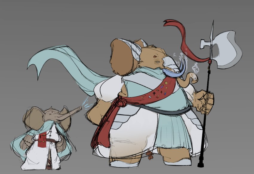 age_progression aged_up anthro armor big_ears bracelet breastplate brown_body brown_fur clothing duo eyes_closed fat_rolls fat_thighs fog friendship_bracelet fur halberd half-closed_eyes happy jewelry knight male medal melee_weapon narrowed_eyes oversized_clothing overweight overweight_anthro overweight_male polearm sash scarf tail tired tired_eyes translucent translucent_clothing tusks warrior weapon wide_hips young young_anthro young_male whichhat elephantid loxodon mammal mammoth prehistoric_species proboscidean absurd_res hi_res