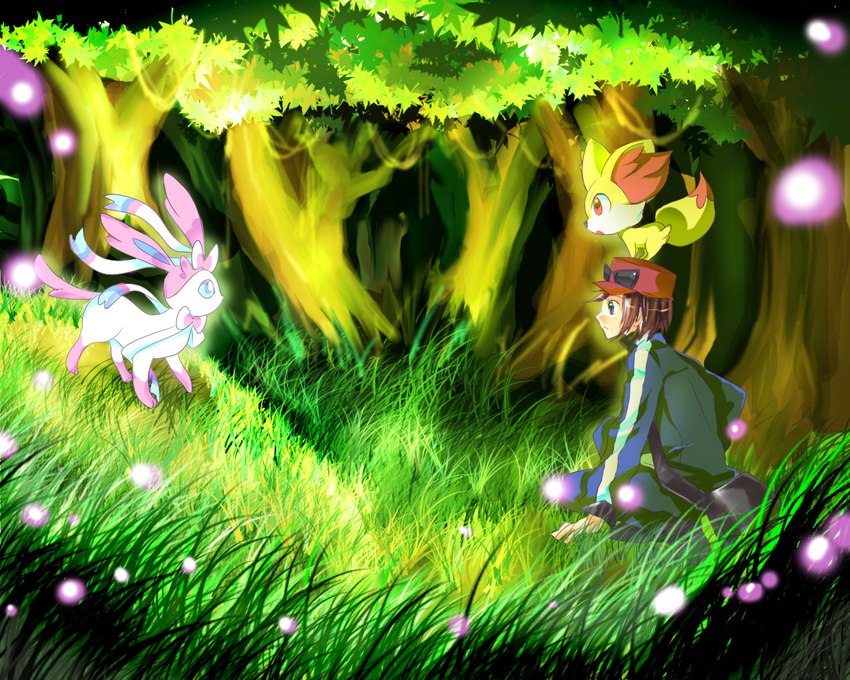 ambiguous_gender carrying_another detailed_background digitigrade eye_contact feral forest grass group hand_on_ground kneeling looking_at_another male on_head plant quadruped standing tree trio whterjp nintendo pokemon calem_(pokemon) canid canine eeveelution fennekin generation_6_pokemon human mammal pokemon_(species) sylveon 5:4 digital_drawing_(artwork) digital_media_(artwork) japanese_description shaded