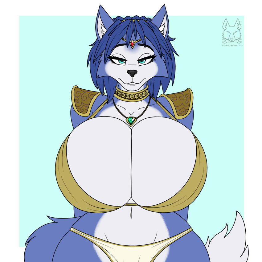 anthro bedroom_eyes big_breasts bra breasts choker clothing female hair half-closed_eyes huge_breasts jewelry looking_at_viewer narrowed_eyes necklace seductive solo underwear tacticalfur nintendo star_fox krystal_(star_fox) canid canine fox mammal 1:1 hi_res