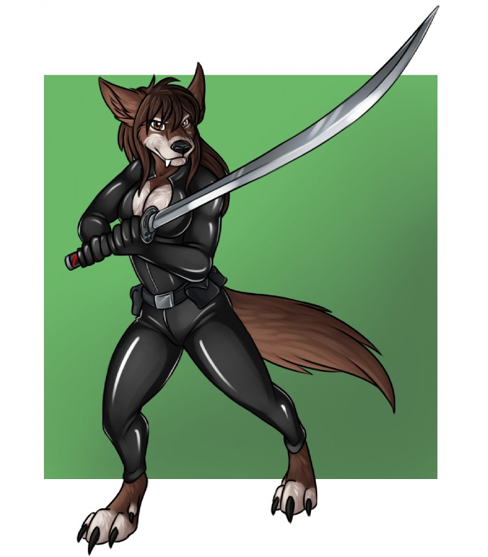 anthro biped bodysuit breasts claws clothed clothing dewclaw digitigrade fangs female fur hair holding_melee_weapon holding_object holding_sword holding_weapon katana looking_at_viewer melee_weapon simple_background skinsuit solo standing sword tail teeth tight_clothing toe_claws weapon amocin blizzard_entertainment kill_bill warcraft canid mammal were werecanid worgen 2016 digital_media_(artwork)