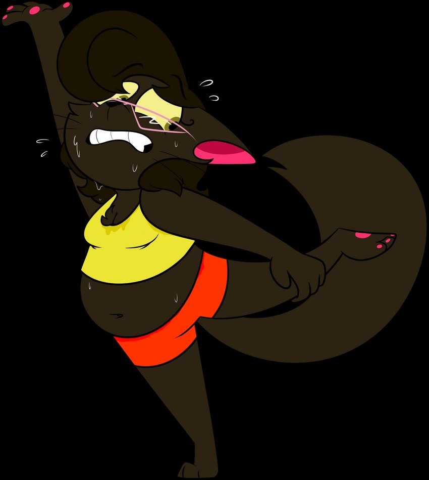 3_toes 4_fingers anthro barefoot belly biped black_eyebrows black_mouth black_nose black_whiskers bodily_fluids bottomwear breasts brown_belly brown_body brown_ears brown_fur brown_hair brown_tail brown_tuft cat_tail cheek_tuft chest_tuft cleavage clenched_teeth clothed clothed_anthro clothed_female clothing exercise eyebrow_through_hair eyebrows eyewear facial_tuft feet female female_anthro fingers fluffy fluffy_tail fur glasses green_eyes hair hanging_belly holding_leg looking_back looking_back_at_self midriff navel on_one_leg orange_bottomwear orange_clothing orange_shorts overweight overweight_anthro overweight_female pawpads pink_eyewear pink_glasses pink_inner_ear pink_pawpads pointy_ears prick_ears pupils shirt shorts simple_background small_breasts solo standing stretching sweat sweat_stain sweaty_belly sweaty_face tail tank_top teeth toes topwear translucent translucent_hair transparent_background tuft whiskers yellow_clothing yellow_sclera yellow_shirt yellow_tank_top yellow_topwear chokovit_(artist) cadence_bonaventura domestic_cat felid feline felis mammal york_chocolate 2016 alpha_channel colored digital_drawing_(artwork) digital_media_(artwork) hi_res