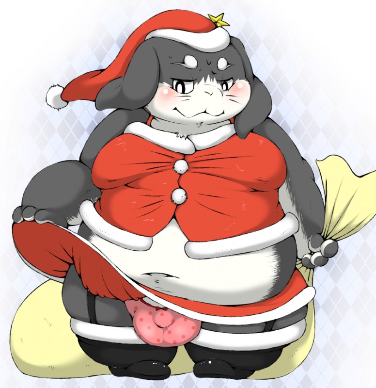 anthro belly big_belly black_eyes blush bulge chubby_cheeks clothed clothing costume fur grey_body grey_fur looking_down male moobs navel obese obese_anthro obese_male overweight overweight_anthro overweight_male panties santa_costume solo standing underwear white_body white_fur hamatnk lagomorph leporid mammal rabbit 2016 digital_media_(artwork)