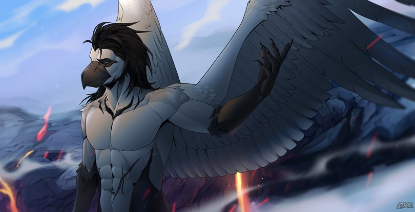 5_fingers abs anthro beak black_hair day detailed_background feathered_wings feathers fingers hair male nude outside sky solo wings lesspie avian bird 2023 digital_media_(artwork) hi_res