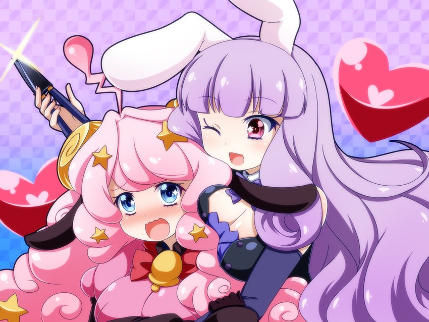 alternative_fashion antennae_(anatomy) bell big_breasts blue_eyes blush bow_ribbon breast_squeeze breasts duo female female/female hair heart_symbol horn huge_breasts j-fashion lolita_(fashion) long_hair open_mouth pink_hair purple_eyes purple_hair simple_background squeezing star oboro_kakeru sanrio show_by_rock!! chuchu_(show_by_rock!!) moa_(show_by_rock!!) alien animal_humanoid bovid bovid_humanoid caprine caprine_humanoid humanoid lagomorph lagomorph_humanoid leporid leporid_humanoid mammal mammal_humanoid rabbit rabbit_humanoid sheep sheep_humanoid 4:3 hi_res