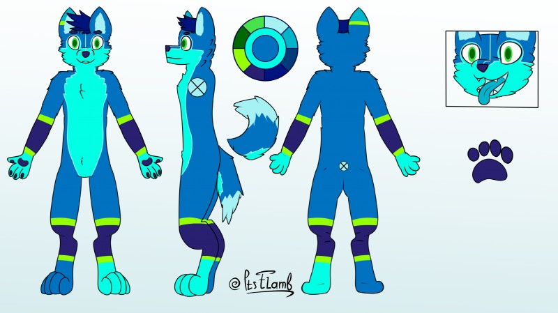 anthro blue_body digitigrade fur green_eyes male open_mouth simple_background solo standing teeth itsflamb_(artist) zeitheron canid canine canis mammal wolf 2019 absurd_res hi_res model_sheet