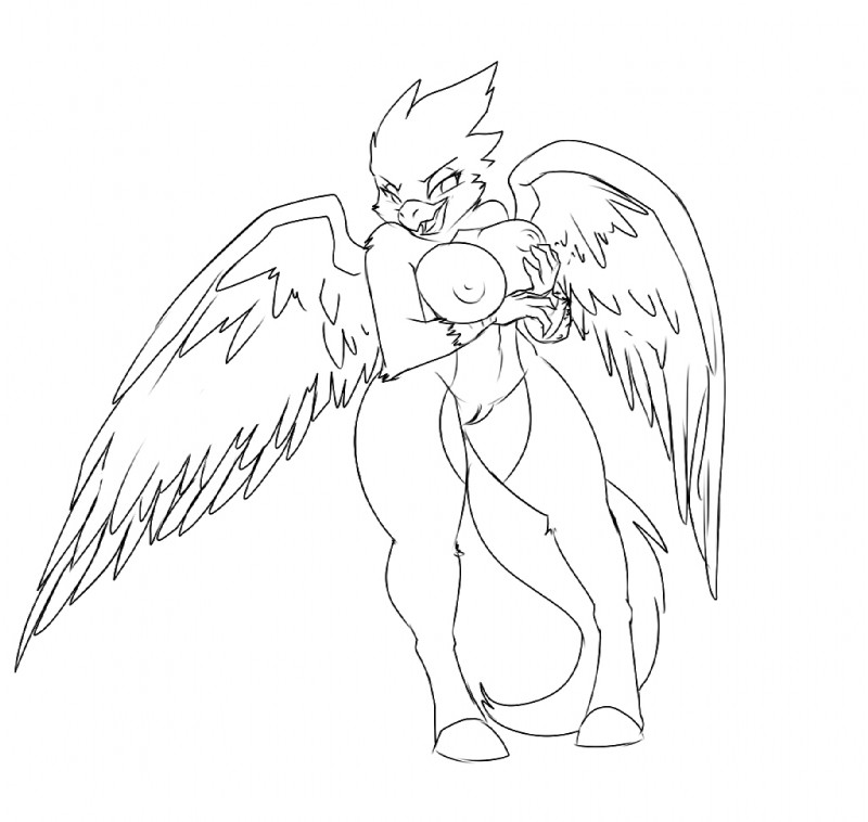 anthro beak big_breasts breasts feathered_wings feathers female genitals hand_on_breast holding_breast looking_at_viewer navel nipples non-mammal_breasts non-mammal_nipples open_mouth pose pussy simple_background solo tail white_background wide_hips wings winstar sazume avian 2012 black_and_white monochrome